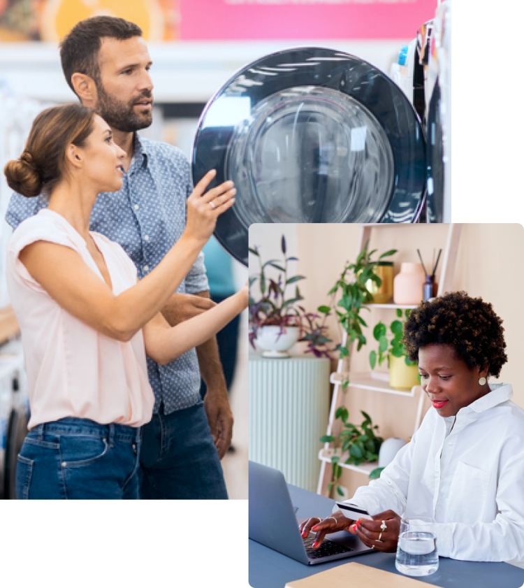 couple shopping for washer and dryer, woman shopping on laptop